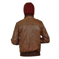 Mens Tan Wax Hooded Leather Bomber Jacket