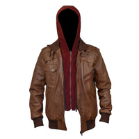 Mens Tan Wax Hooded Leather Bomber Jacket