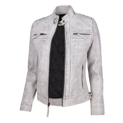 Café Racer Leather Jacket Women - Zip Up Moto Biker Style Casual Fashion Real Lambskin Women's Leather Jacket