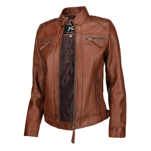 Café Racer Leather Jacket Women - Zip Up Moto Biker Style Casual Fashion Real Lambskin Women's Leather Jacket