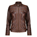 Café Racer Leather Jacket Women - Zip Up Moto Biker Style Casual Fashion Real Lambskin Women's Leather Jacket