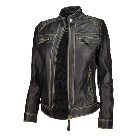Café Racer Leather Jacket Women - Zip Up Moto Biker Style Casual Fashion Real Lambskin Women's Leather Jacket