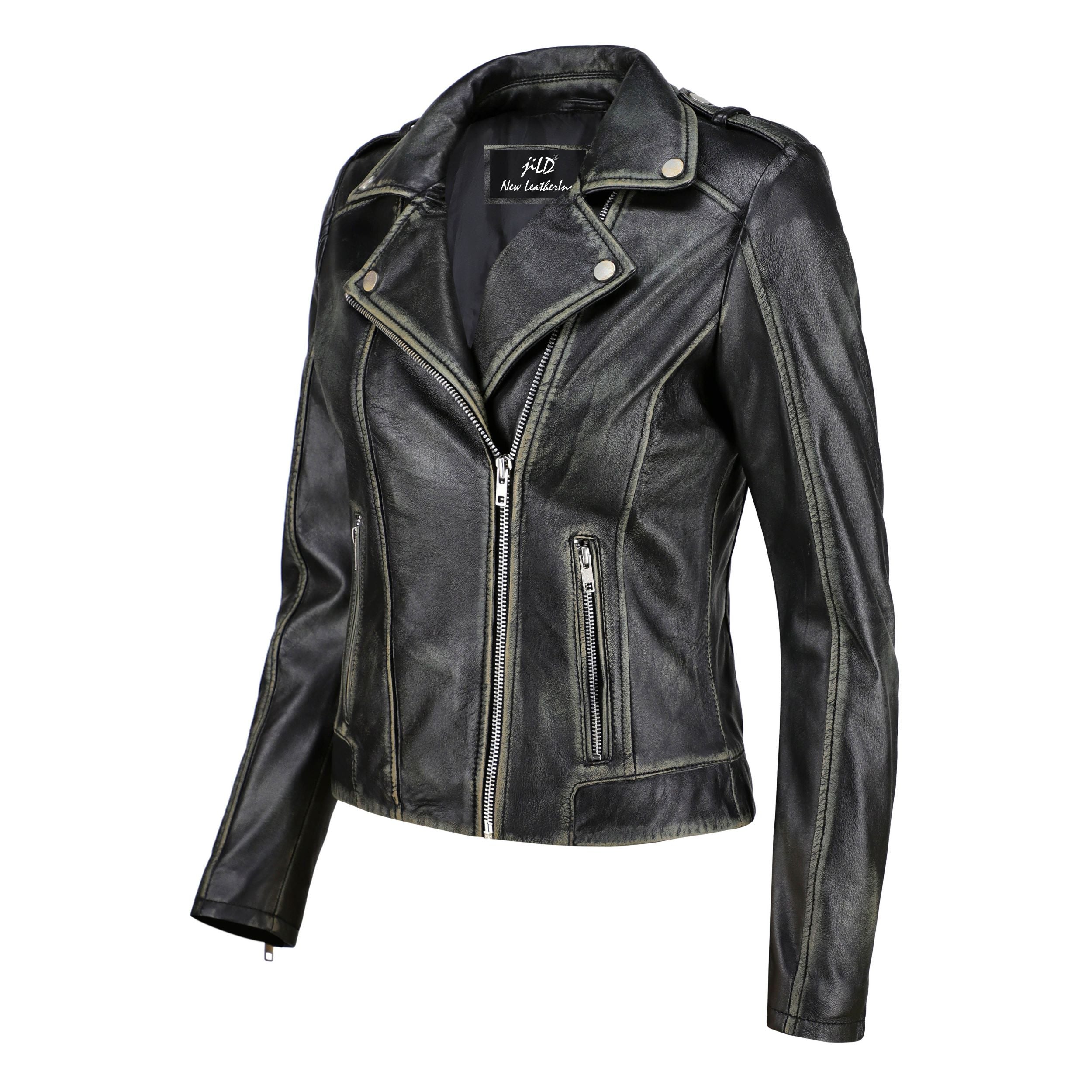 Women's Handwaxed Biker Style Motorcycle Zip-Up Leather Jacket