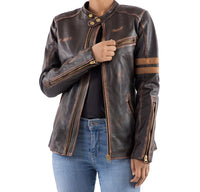 Womens Distressed Cafe Racer Vintage Brown Leather Jacket