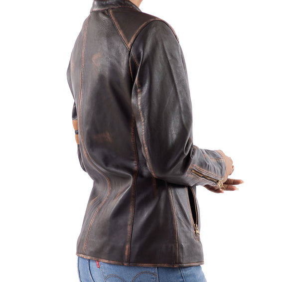 Womens Distressed Cafe Racer Vintage Brown Leather Jacket