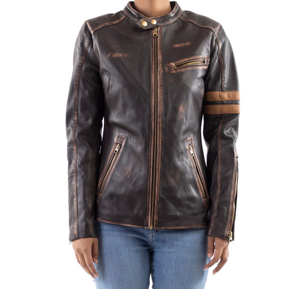 Womens Distressed Cafe Racer Vintage Brown Leather Jacket