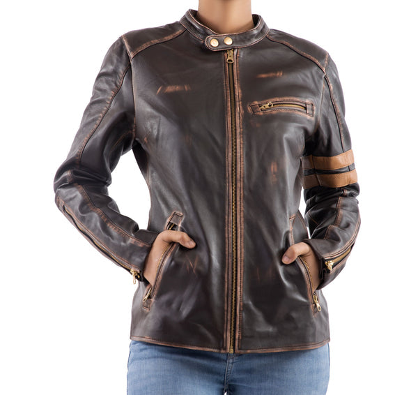 Women's Distressed Café Racer Vintage Leather Jacket