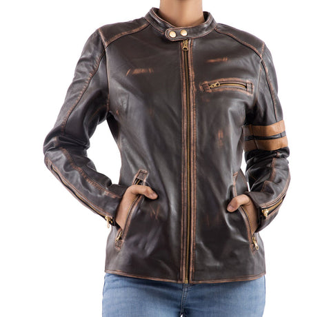 Womens Distressed Cafe Racer Vintage Brown Leather Jacket