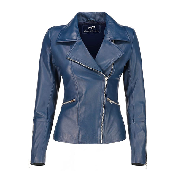 Women's Asymmetrical Biker Blue Leather Jacket – Jildleather
