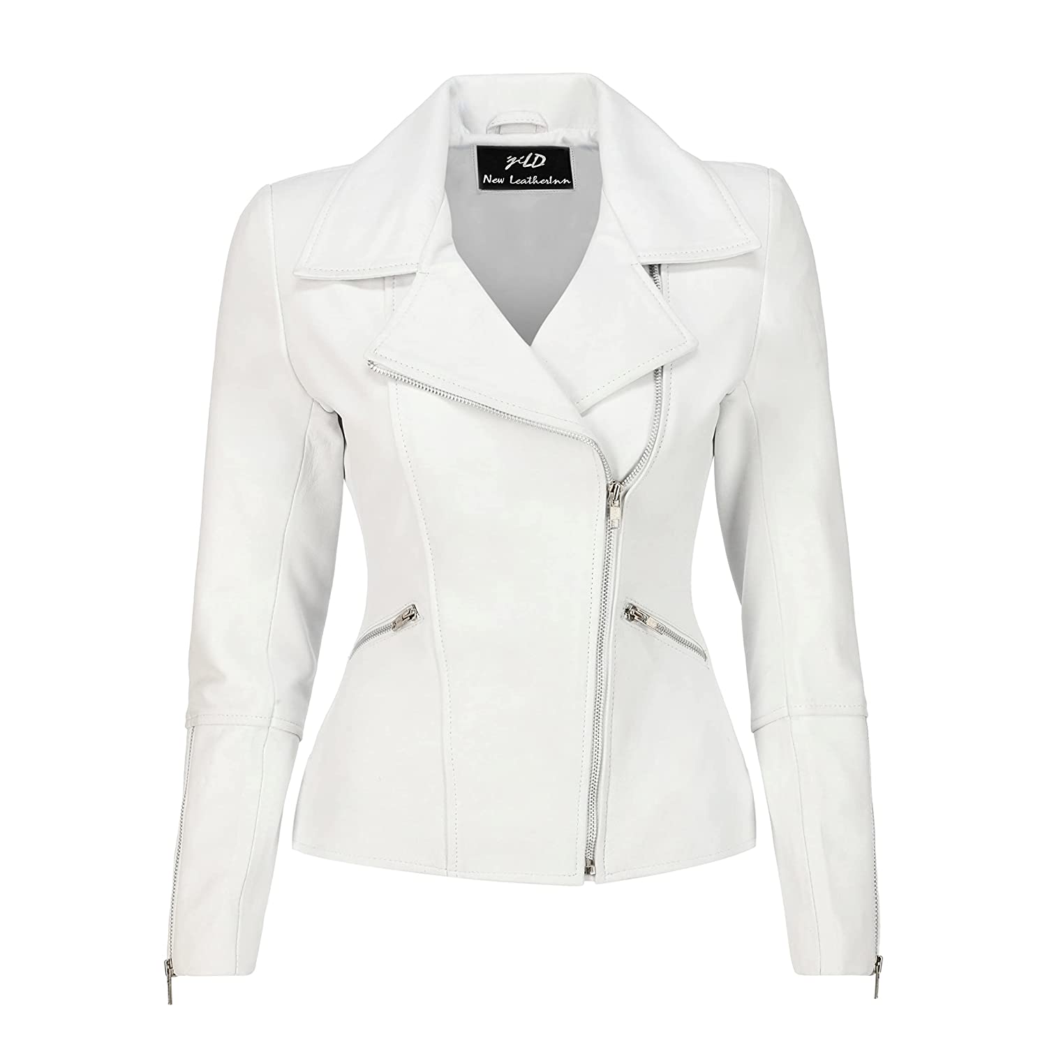 Womens Asymmetrical Biker White Leather Jacket