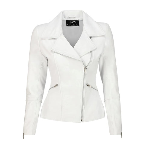 Womens Asymmetrical Biker White Leather Jacket
