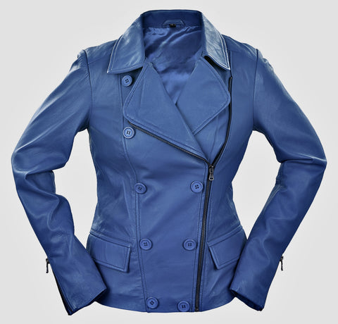 Womens Blue Leather Biker Style Jacket
