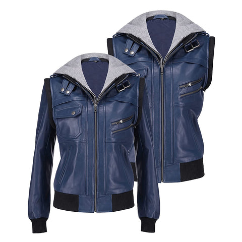 Womens Hooded Blue Leather Jacket