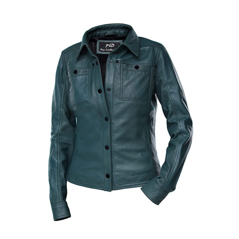 Womens Green Shirt Style Leather Jacket
