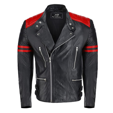 Mens Classic Black Red Cafe Racer Leather Jacket