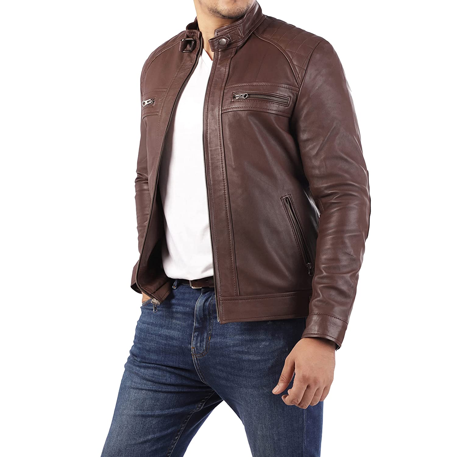 Mens Diamond Style Cafe Racer Brown Leather Jacket