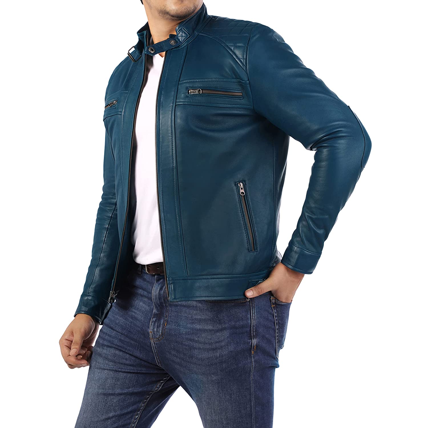 Mens Diamond Style Cafe Racer Blue Leather Jacket