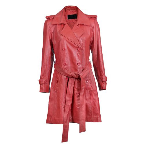 Womens Double Breasted Red Leather Trench Coat With Adjustable Belt