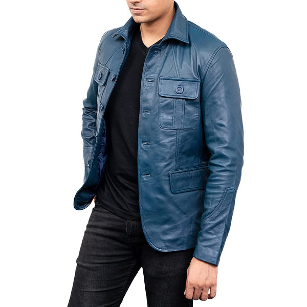 Men's 5-Buttons Lambskin Blue Leather Coat – Jildleather