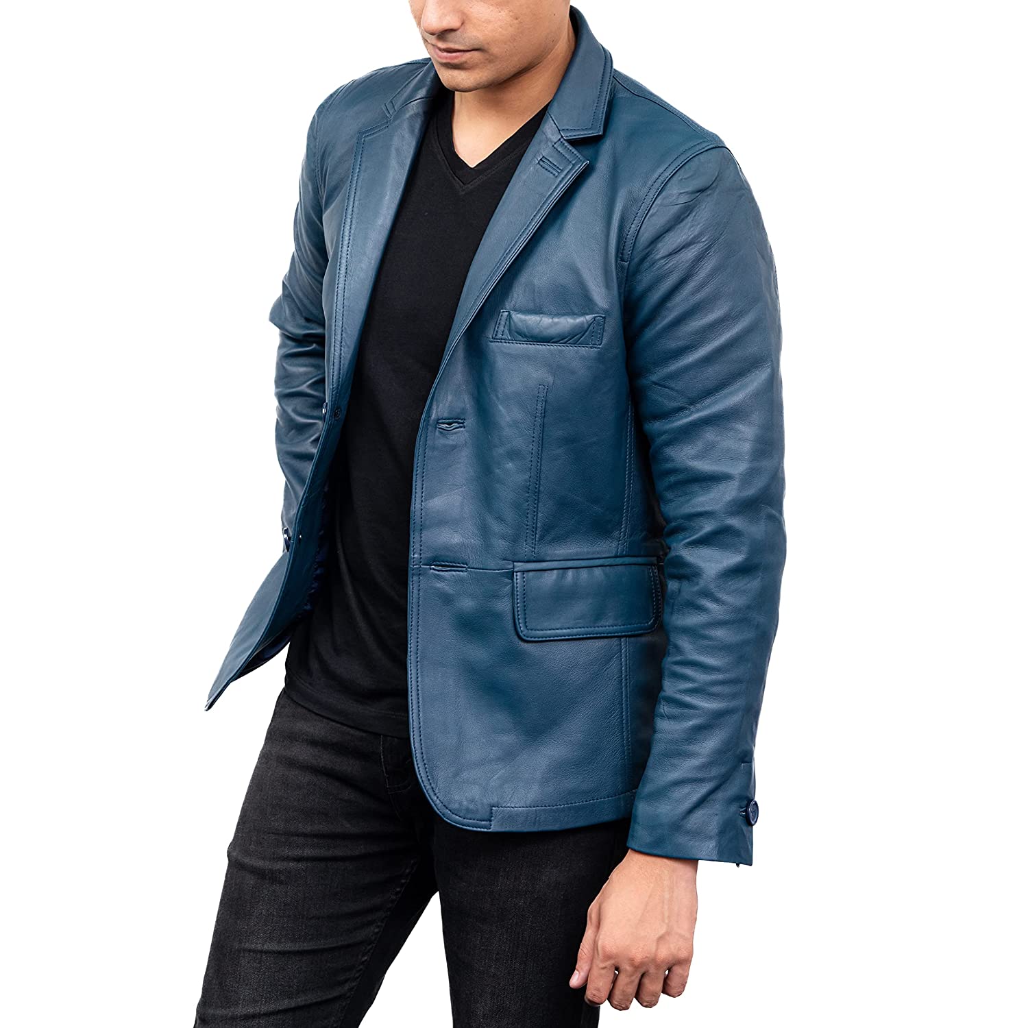 Men's 2-Buttons Lambskin Blue Leather Blazer