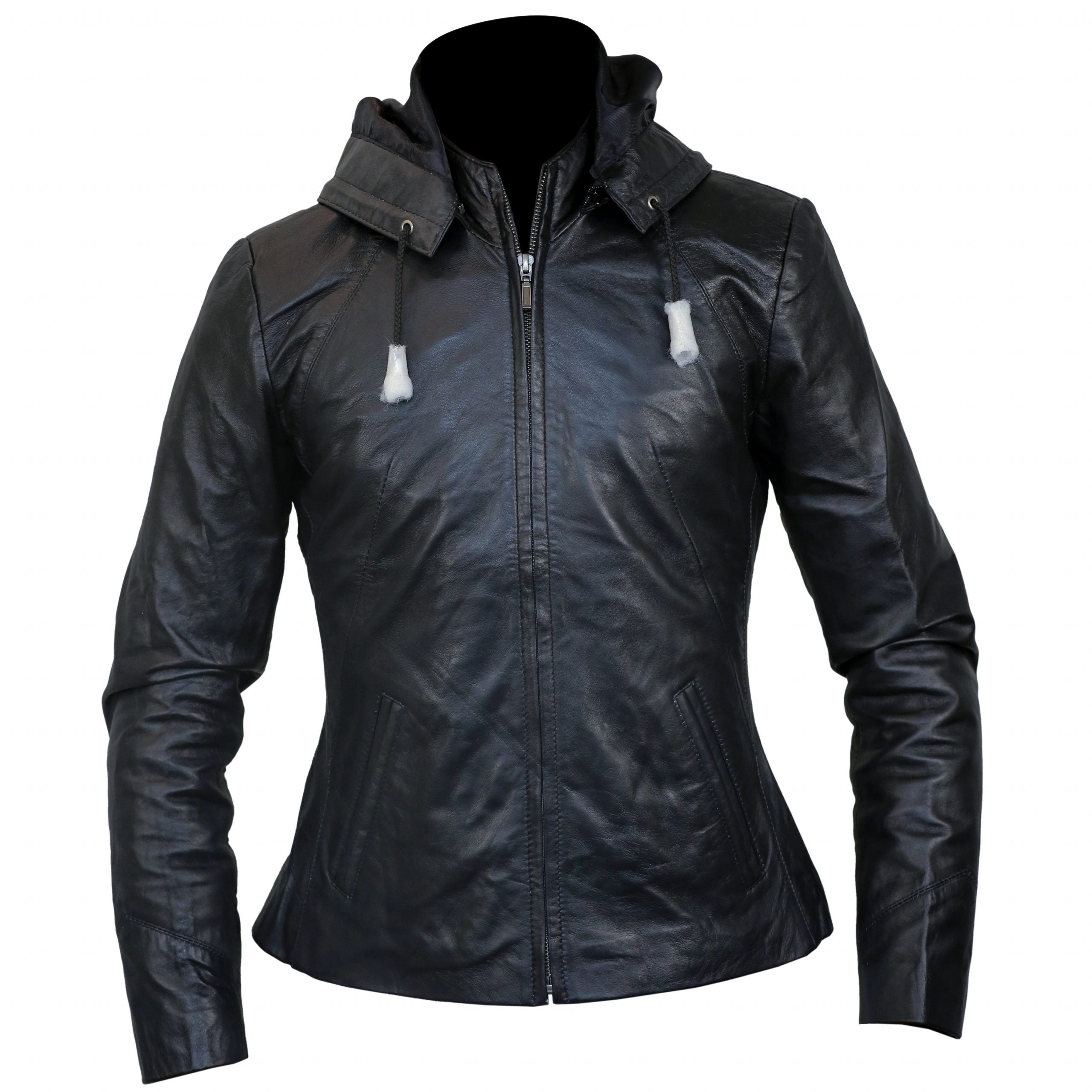 Womens Classy Fit Black Hooded Leather Jacket