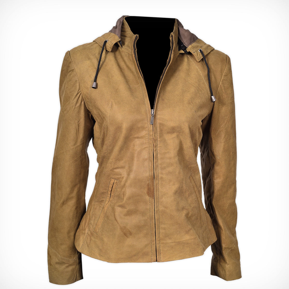 Womens Classy Fit Yellow Hooded Leather Jacket